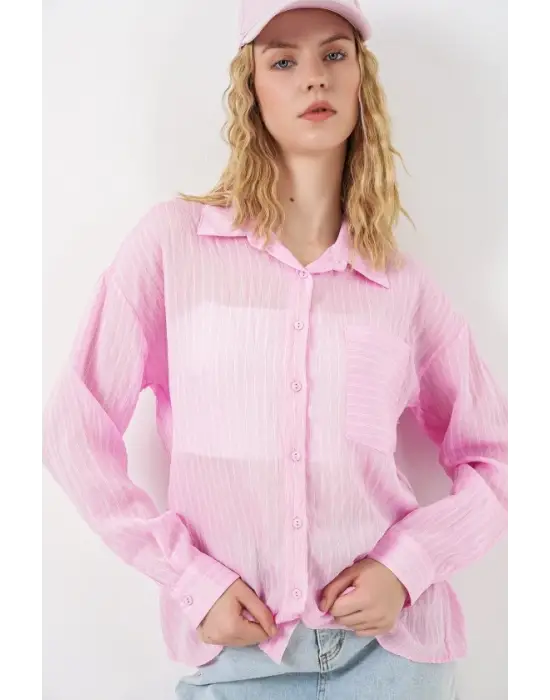 Tek Cepli Çizgili Oversize Gömlek 20375 - Pembe