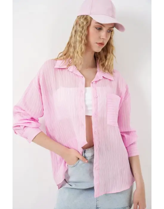 Tek Cepli Çizgili Oversize Gömlek 20375 - Pembe