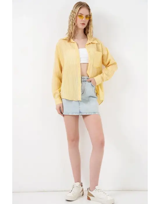 Tek Cepli Çizgili Oversize Gömlek 20375 - Sarı