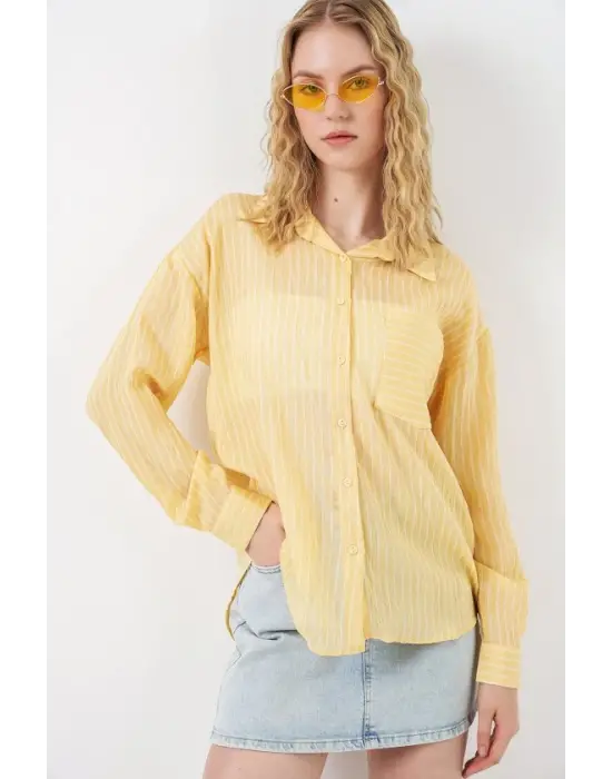 Tek Cepli Çizgili Oversize Gömlek 20375 - Sarı