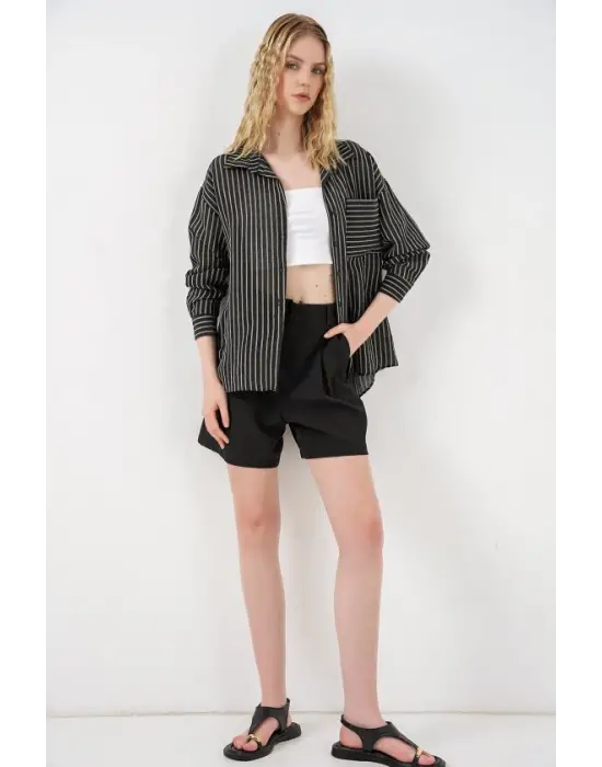 Tek Cepli Çizgili Oversize Gömlek 20375 - Siyah