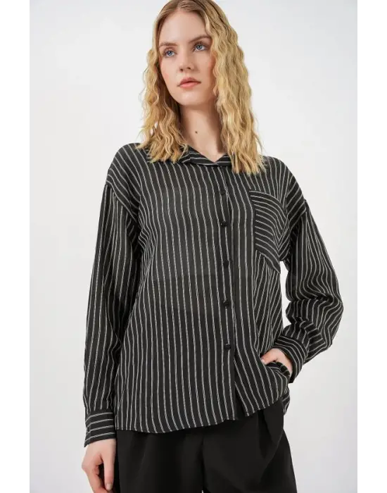 Tek Cepli Çizgili Oversize Gömlek 20375 - Siyah