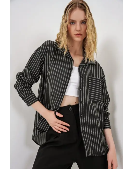 Tek Cepli Çizgili Oversize Gömlek 20375 - Siyah