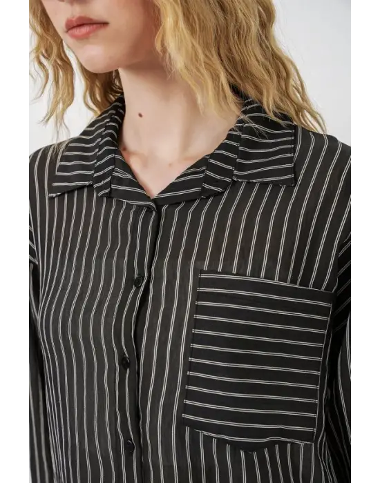 Tek Cepli Çizgili Oversize Gömlek 20375 - Siyah