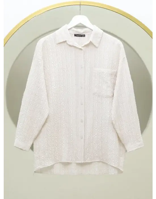 Krem Tek Cepli Düğmeli Krinkıl Tunik Kadın Giyim