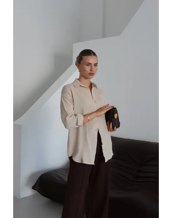 Tek cepli müslin gömlek bej pt