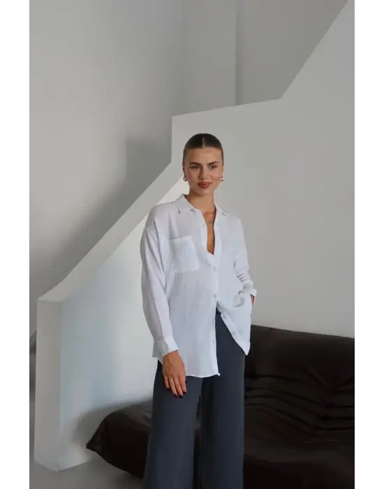 Tek cepli müslin gömlek beyaz pt