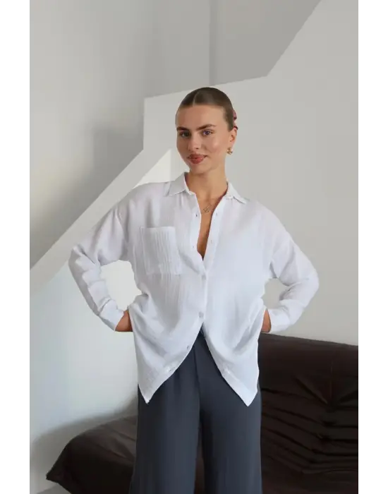 Tek cepli müslin gömlek beyaz pt