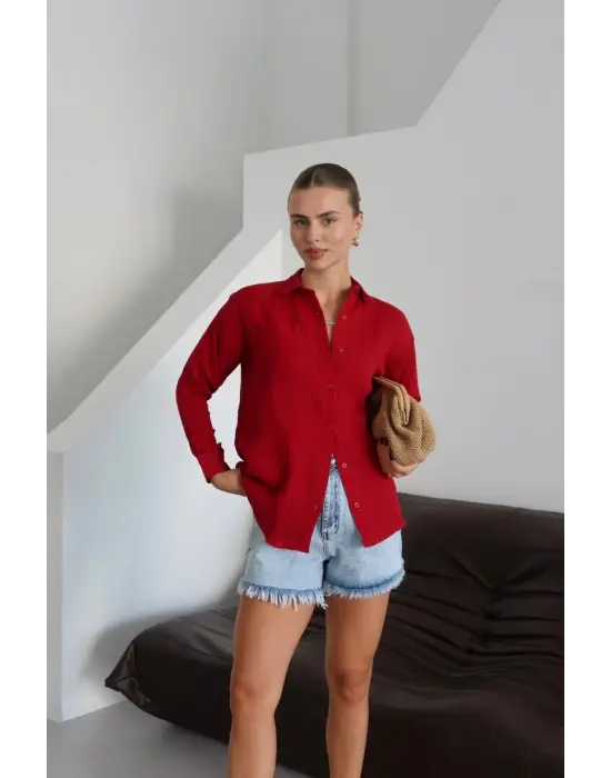 Tek cepli müslin gömlek bordo pt