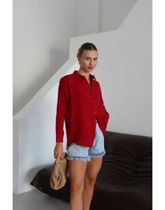 Tek cepli müslin gömlek bordo pt