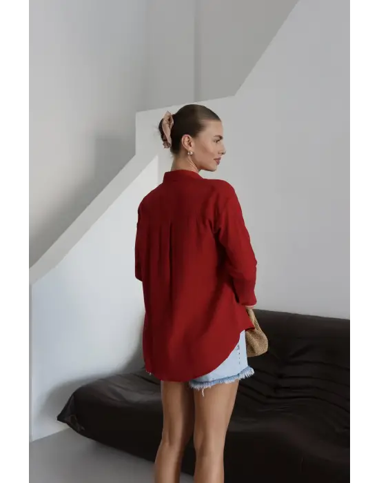 Tek cepli müslin gömlek bordo pt