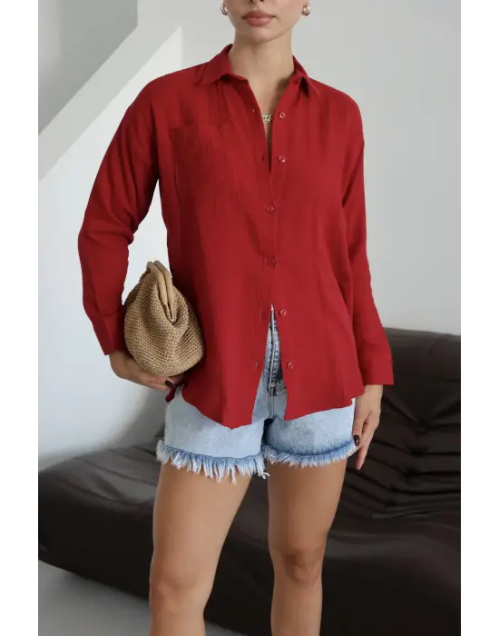 Tek cepli müslin gömlek bordo pt
