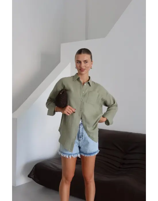 Tek cepli müslin gömlek haki pt