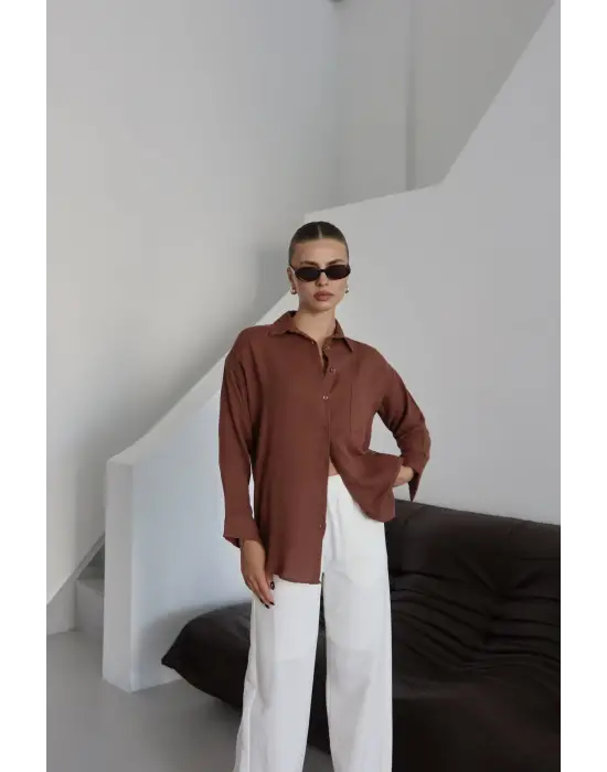 Tek cepli müslin gömlek kahve pt