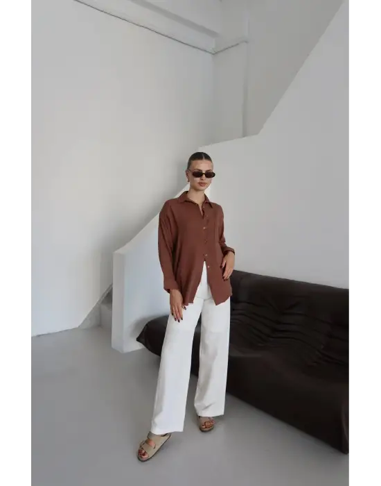 Tek cepli müslin gömlek kahve pt
