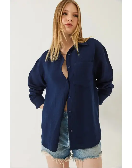 Tek cepli müslin gömlek lacivert pt