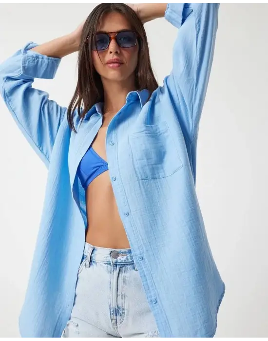 Tek cepli müslin gömlek mavi pt