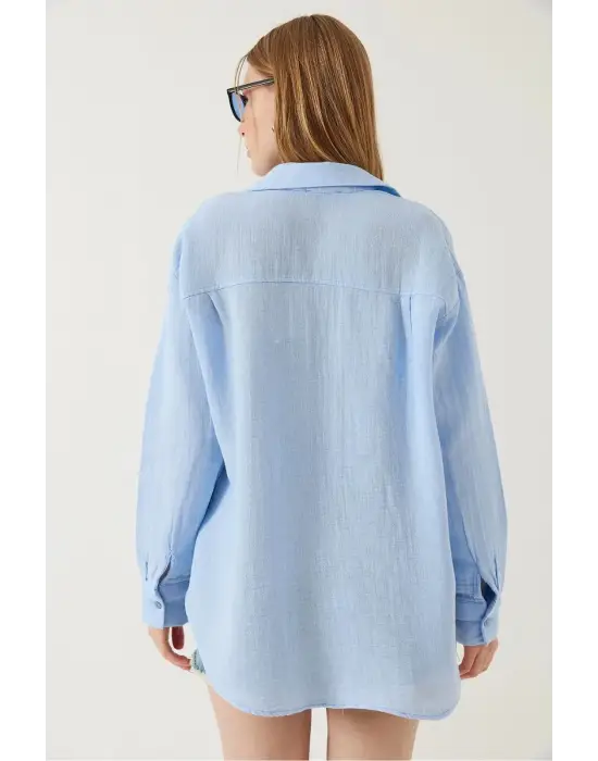 Tek cepli müslin gömlek mavi pt