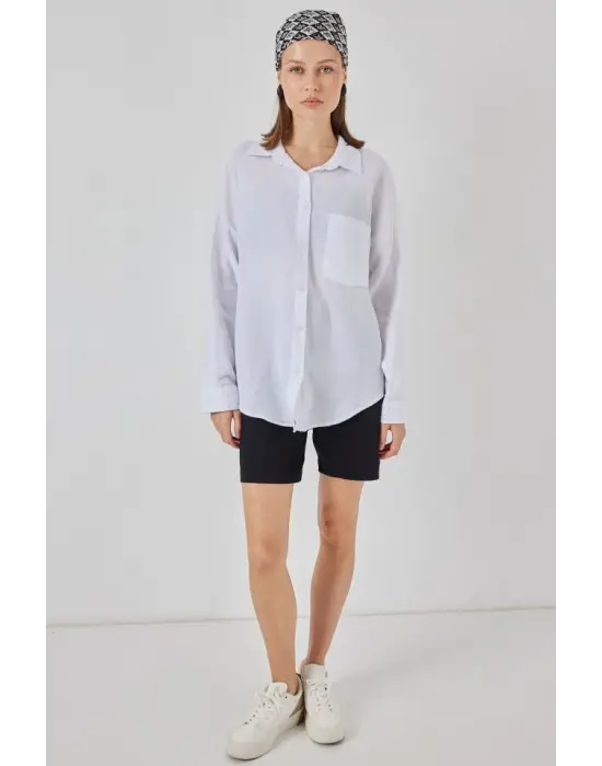 Tek Cepli Oversize Müslin Gömlek 20353 - Beyaz