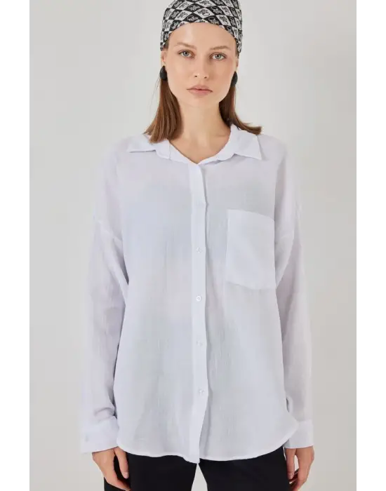 Tek Cepli Oversize Müslin Gömlek 20353 - Beyaz