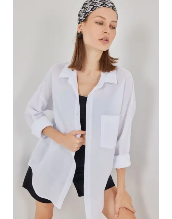 Tek Cepli Oversize Müslin Gömlek 20353 - Beyaz