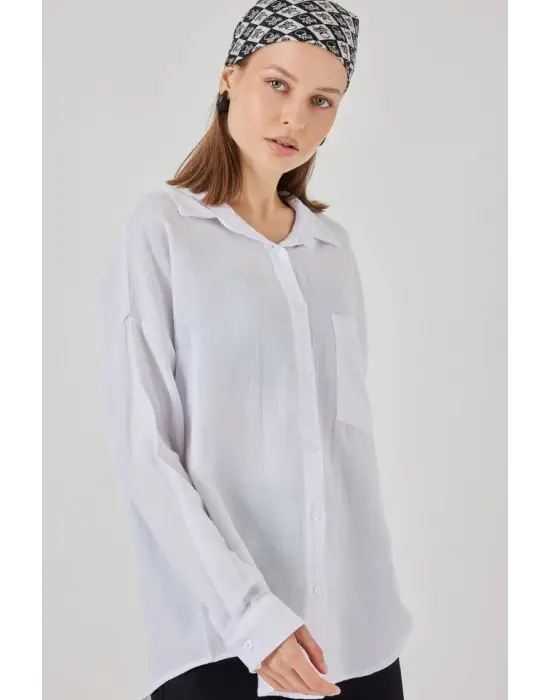 Tek Cepli Oversize Müslin Gömlek 20353 - Beyaz