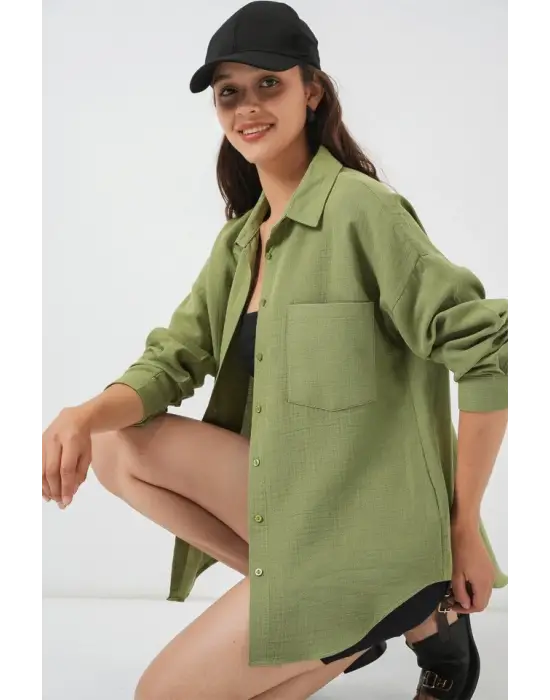 Tek Cepli Oversize Müslin Gömlek 20353 - Çağla