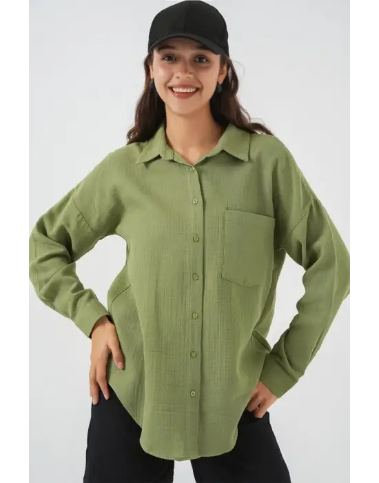 Tek Cepli Oversize Müslin Gömlek 20353 - Çağla