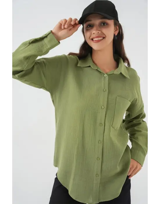 Tek Cepli Oversize Müslin Gömlek 20353 - Çağla