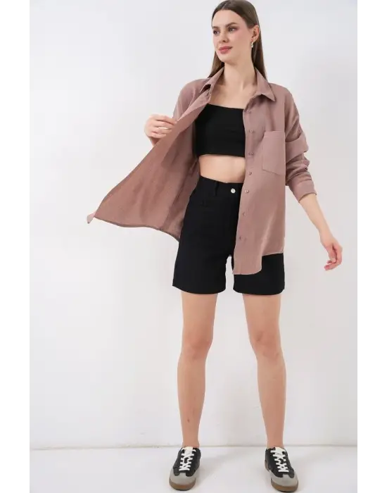 Tek Cepli Oversize Müslin Gömlek 20353 - Gül Kurusu