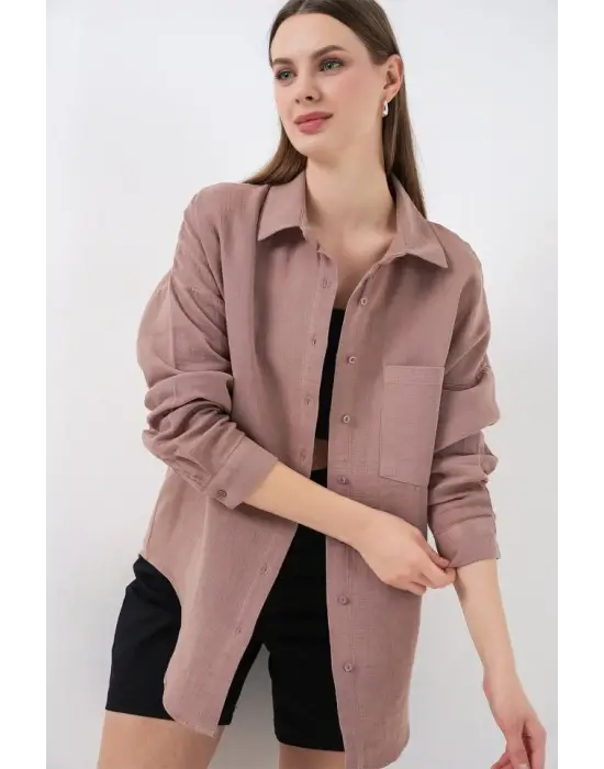 Tek Cepli Oversize Müslin Gömlek 20353 - Gül Kurusu