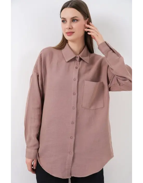 Tek Cepli Oversize Müslin Gömlek 20353 - Gül Kurusu