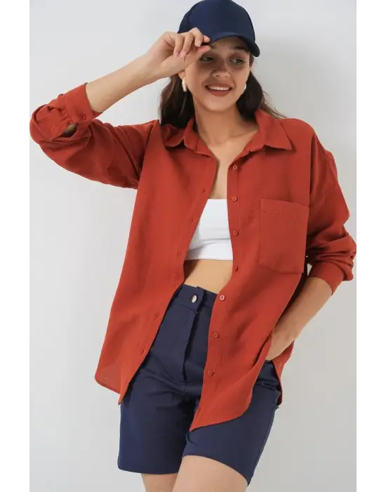 Tek Cepli Oversize Müslin Gömlek 20353 - Kiremit