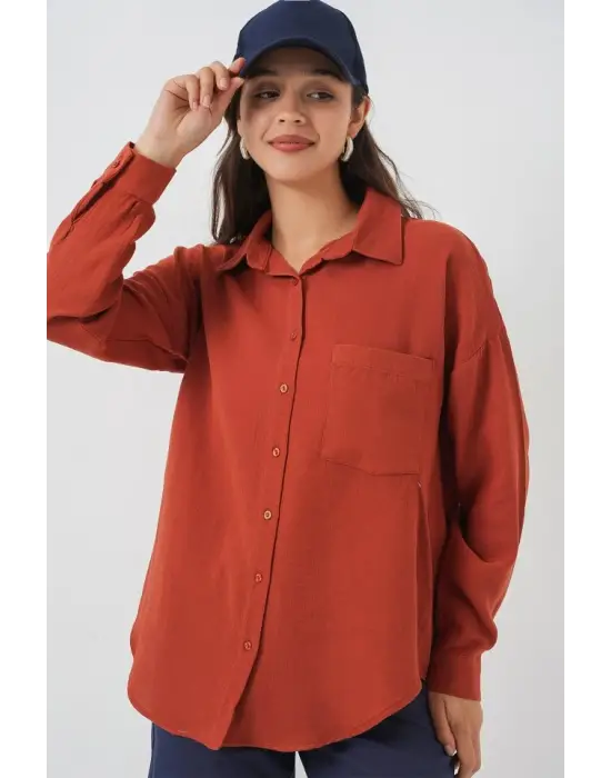 Tek Cepli Oversize Müslin Gömlek 20353 - Kiremit