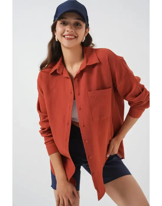 Tek Cepli Oversize Müslin Gömlek 20353 - Kiremit