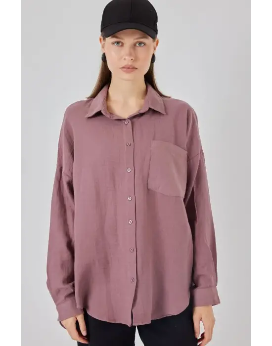 Tek Cepli Oversize Müslin Gömlek 20353 - Koyu Lila