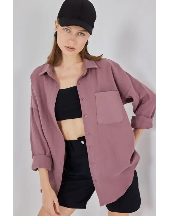 Tek Cepli Oversize Müslin Gömlek 20353 - Koyu Lila