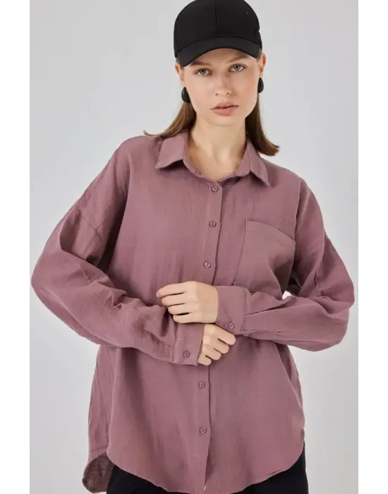 Tek Cepli Oversize Müslin Gömlek 20353 - Koyu Lila