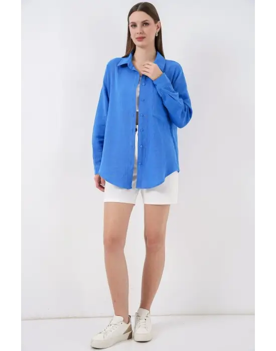 Modern Oversize Müslin Gömlek - Mavi