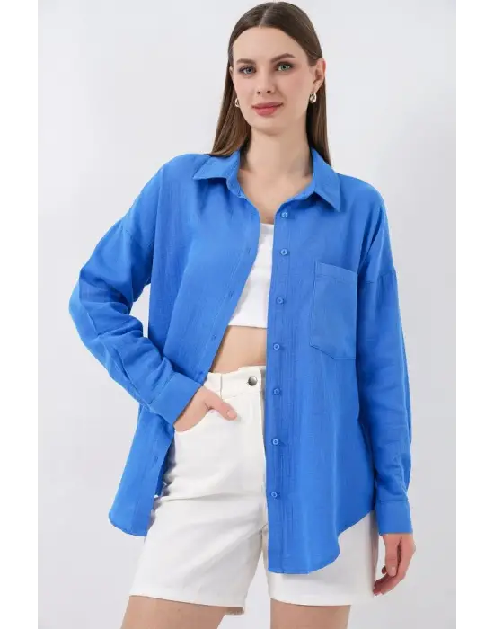 Modern Oversize Müslin Gömlek - Mavi