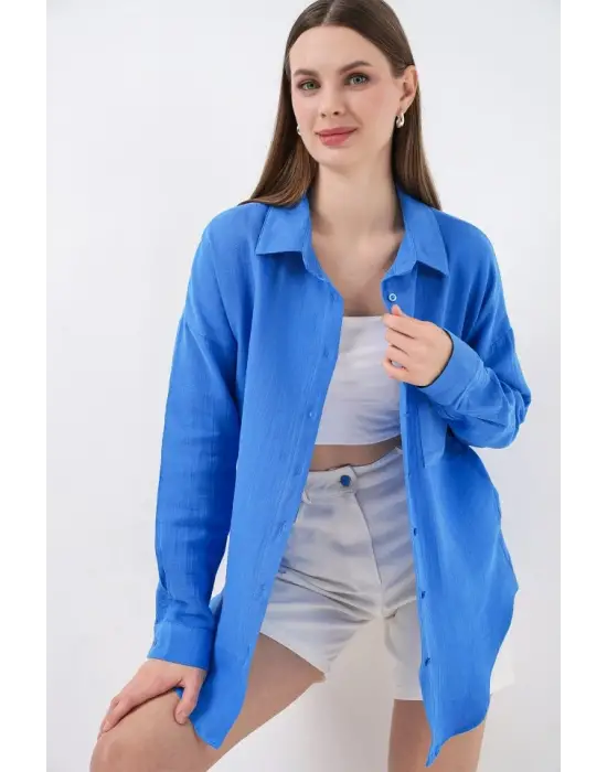Tek Cepli Oversize Müslin Gömlek 20353 - Mavi
