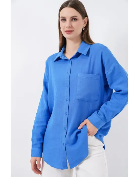 Modern Oversize Müslin Gömlek - Mavi