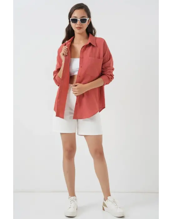 Tek Cepli Oversize Müslin Gömlek 20353 - Somon