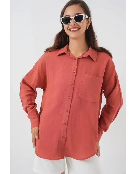 Tek Cepli Oversize Müslin Gömlek 20353 - Somon