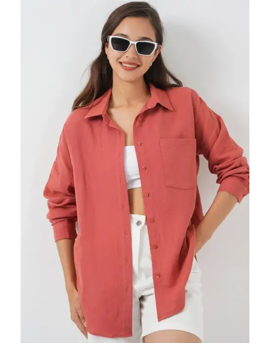Tek Cepli Oversize Müslin Gömlek 20353 - Somon