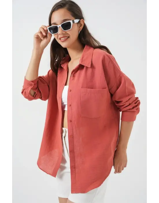 Tek Cepli Oversize Müslin Gömlek 20353 - Somon