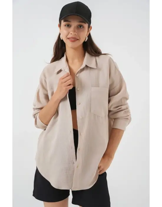 Tek Cepli Oversize Müslin Gömlek 20353 - Taş
