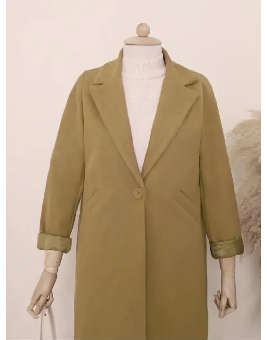 Tek Düğmeli Astarlı Kışlık Kaşe Kaban -Hardal