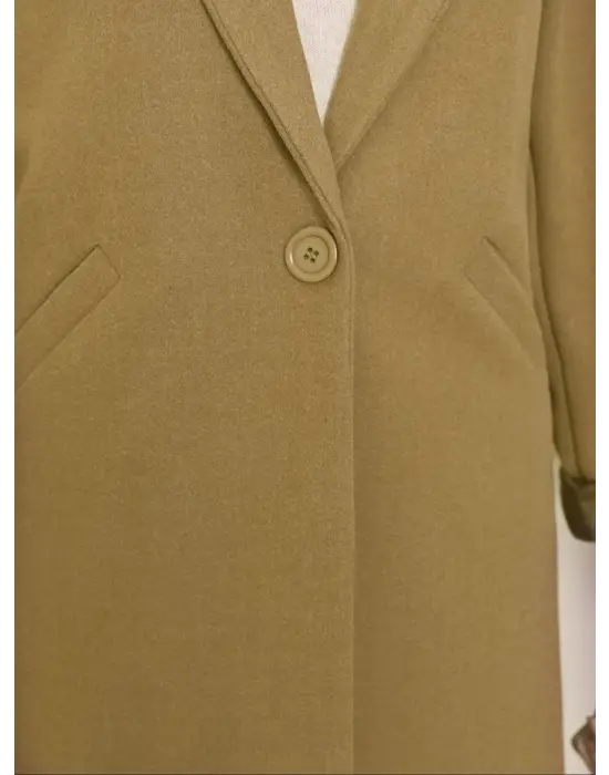 Tek Düğmeli Astarlı Kışlık Kaşe Kaban -Hardal