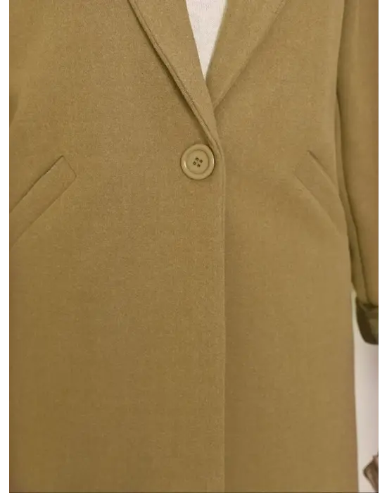 Tek Düğmeli Astarlı Kışlık Kaşe Kaban -Hardal